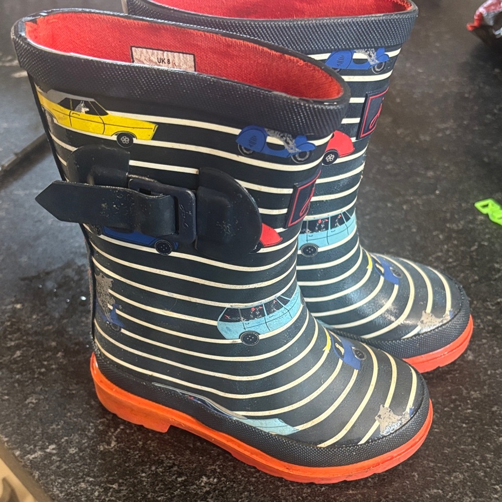 Joules Navy Striped Kids Rain Boots with Car Design